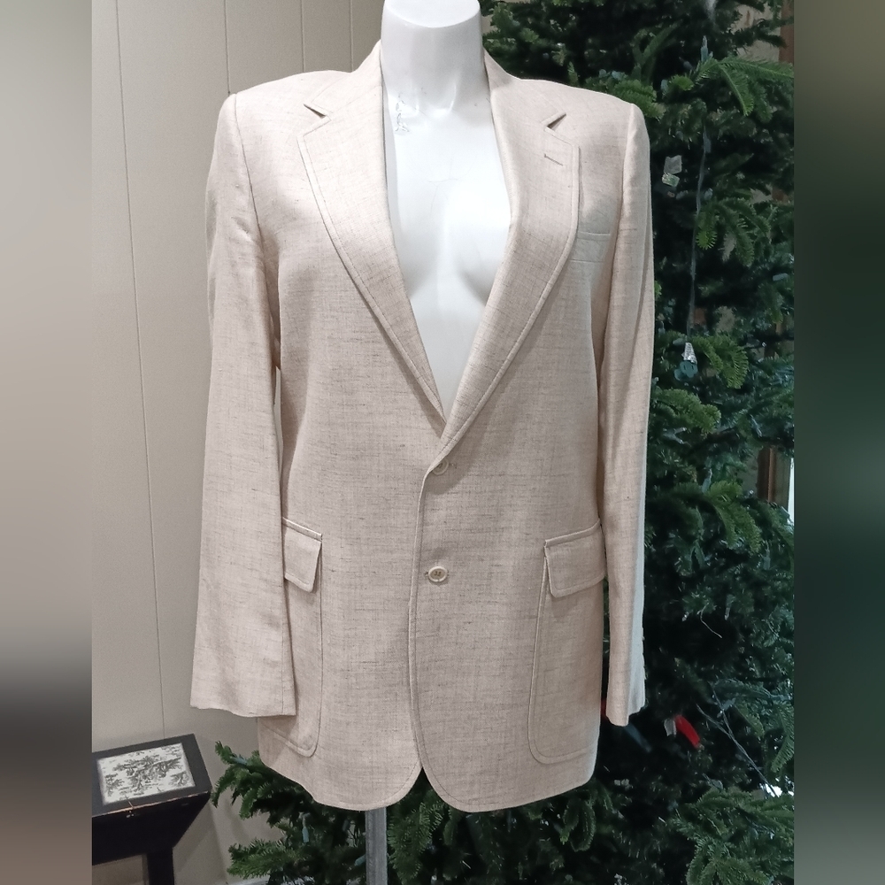 VINTAGE Beige Tweed SPORT COAT Beige Blazer Suit Timeless Designer Jacket Sz 40L - Picture 1 of 14